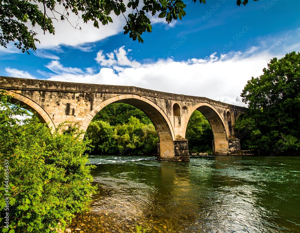 Fototapeta premium Ancient stone bridge over a river, lush greenery