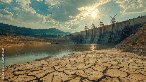 Scenic view of a massive hydroelectric dam with low water levels under a sunny sky, highlighting environmental drought challenges