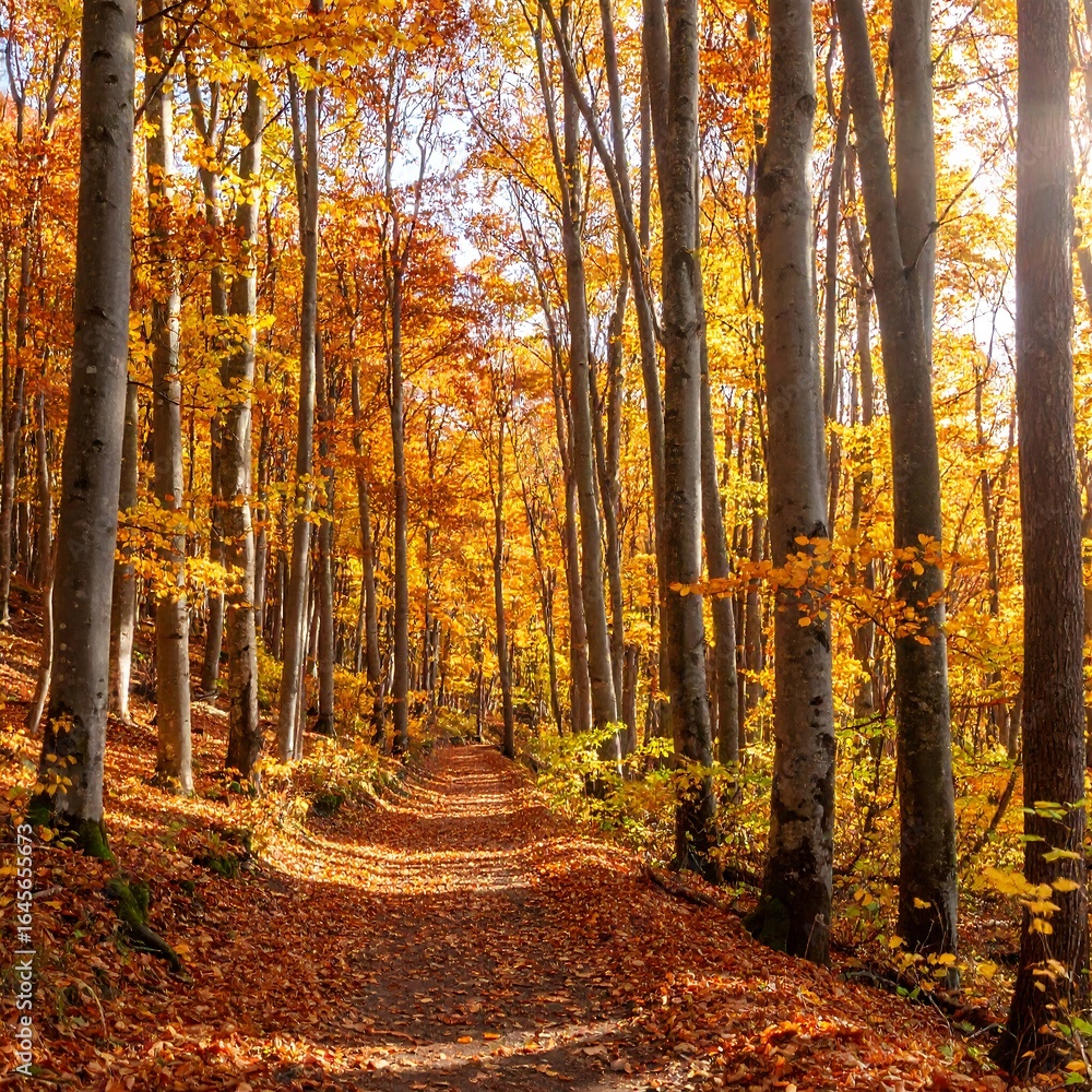 Fototapeta premium Sunlit path winds through autumn forest, golden leaves carpet the ground