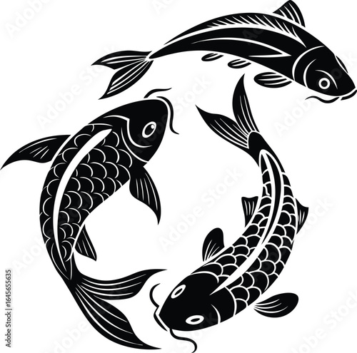Three black koi fish swimming in a circular pattern white