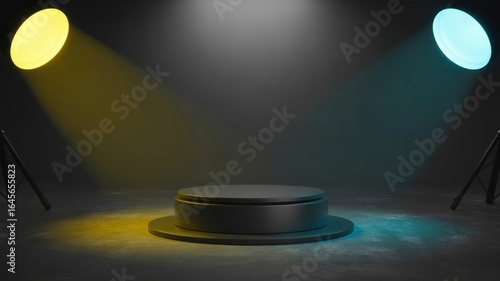 A Product Showcase - A 3D render of a single circular podium with blue and yellow spotlights, on a dark background, for a product display or presentation