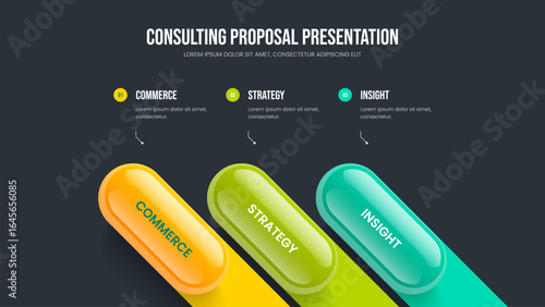 Investor Showcase 3 Option Diagram Slideshow Template. Modern Performance Slide Design Vector Illustration. Company Growth Three Step Infographic Presentation Layout.