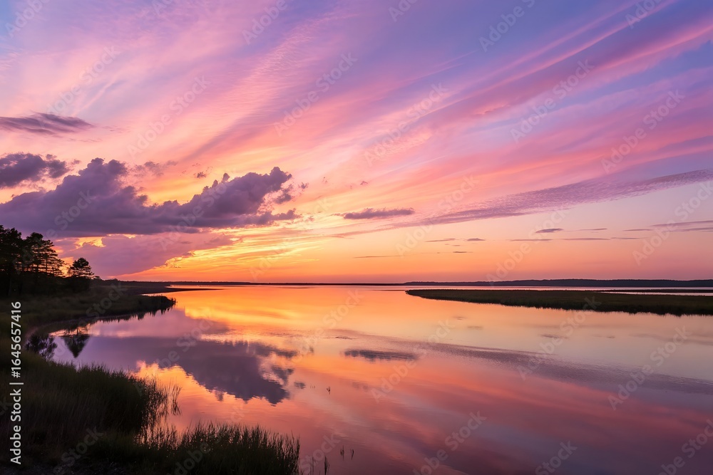 Obraz premium Colorful sunset reflecting on calm water creates a serene and beautiful landscape