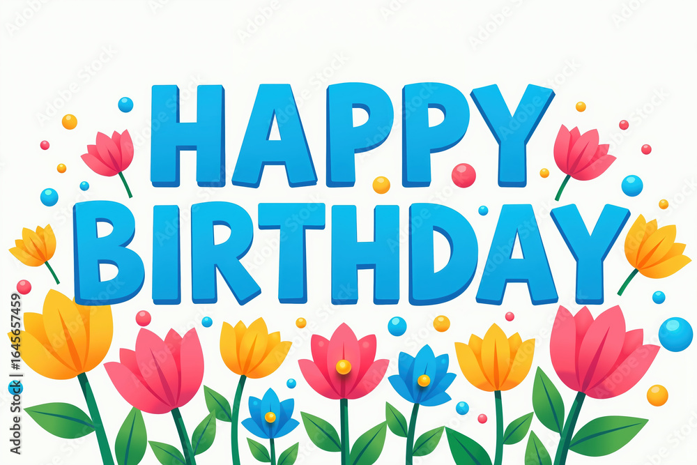 Obraz premium Large blue letters read HAPPY BIRTHDAY on a white background, surrounded by colorful balls and vibrant flowers in shades of pink, yellow, and blue, with green leaves.