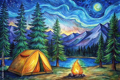 Summer camping by lake, tents under starry sky, pine trees, campfire glow, peaceful wilderness night