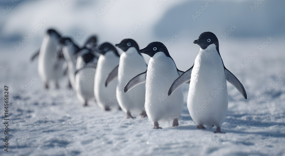 Fototapeta premium Real photograph of penguins walking in single line across snow under natural daylight, showing detailed texture of feathers and ice in pristine antarctic wildlife habitat during the cold winter season