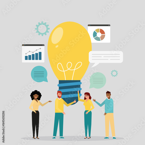 Business discussion concept. Vector illustration in flat style. Several people talking to each other with bubbles and light bulbs above their heads.
