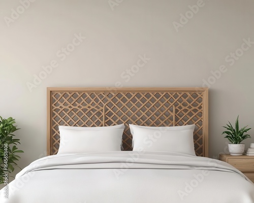 Wallpaper Mural Intricate wooden headboard with geometric carvings, in a serene bedroom with muted pastel decor Torontodigital.ca