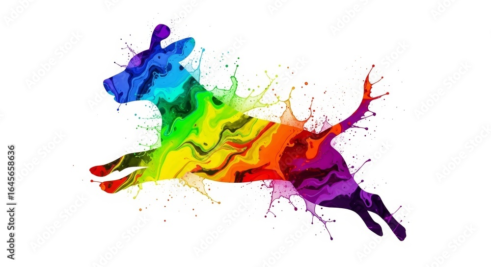 Fototapeta premium Splashing multicolored rainbow paint shaped like a dog on a solid white background