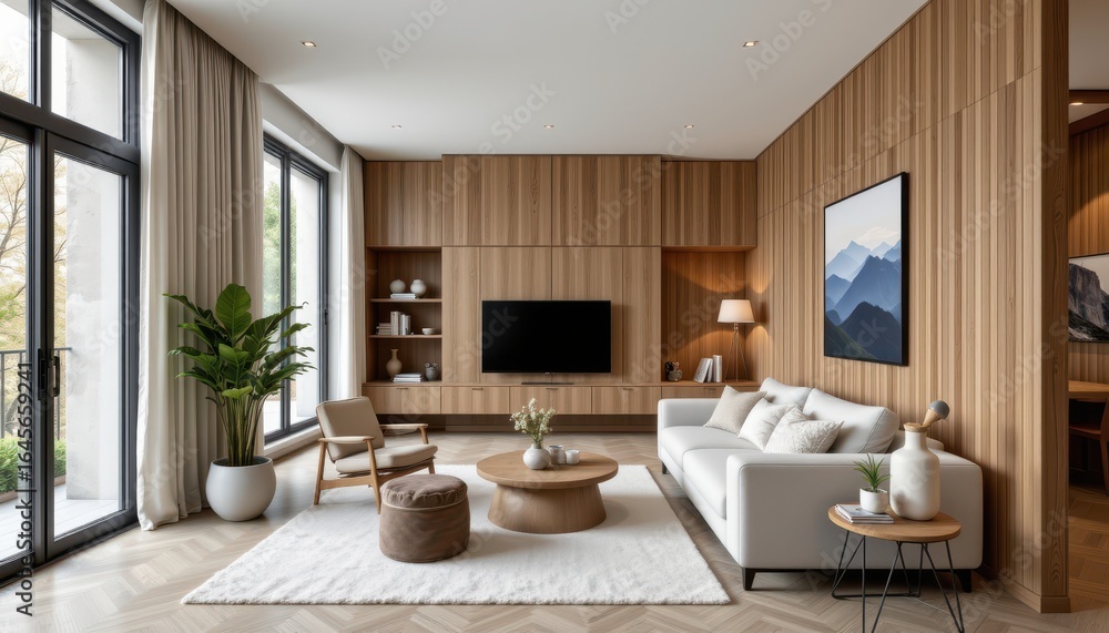 Fototapeta premium the fusion of modern and scandinavian styles emphasizes functional design with natural wood elements and muted palettes producing interiors that are both practical and visually pleasing.