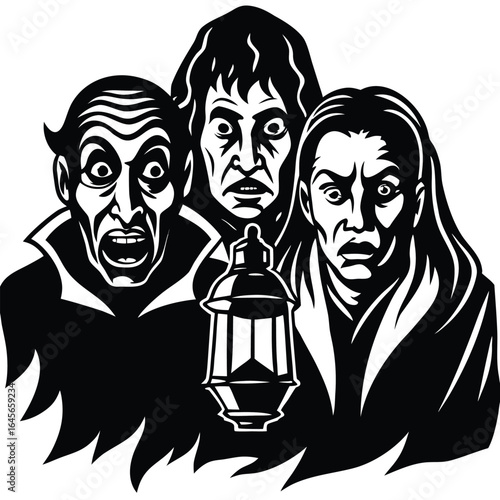 Horror Trio Gathered Around a Lantern With Fiery Accents