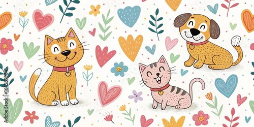 Cute Pets and Hearts Seamless Pattern Illustration of Cats and Dog, Floral Design, Art Pet illustration, seamless pattern