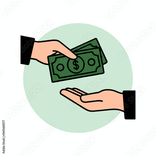 Hand giving money to another hand with green background in a cartoon style vector illustration
