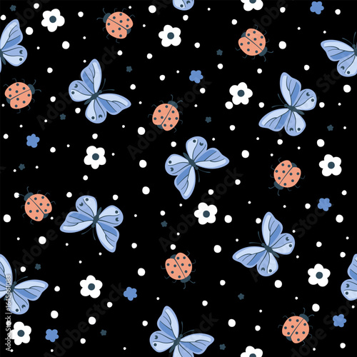 Seamless floral pattern with butterflies, ladybugs, flowers on black background