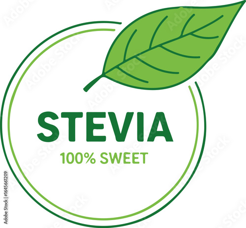 Stevia 100% Sweet logo design with green leaf, isolated