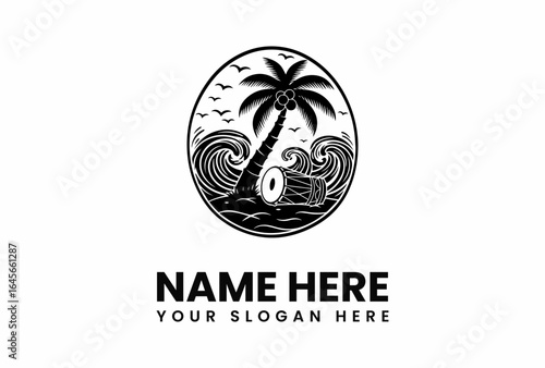 Black and white logo featuring a palm tree, waves, birds, and a drum within an oval frame.