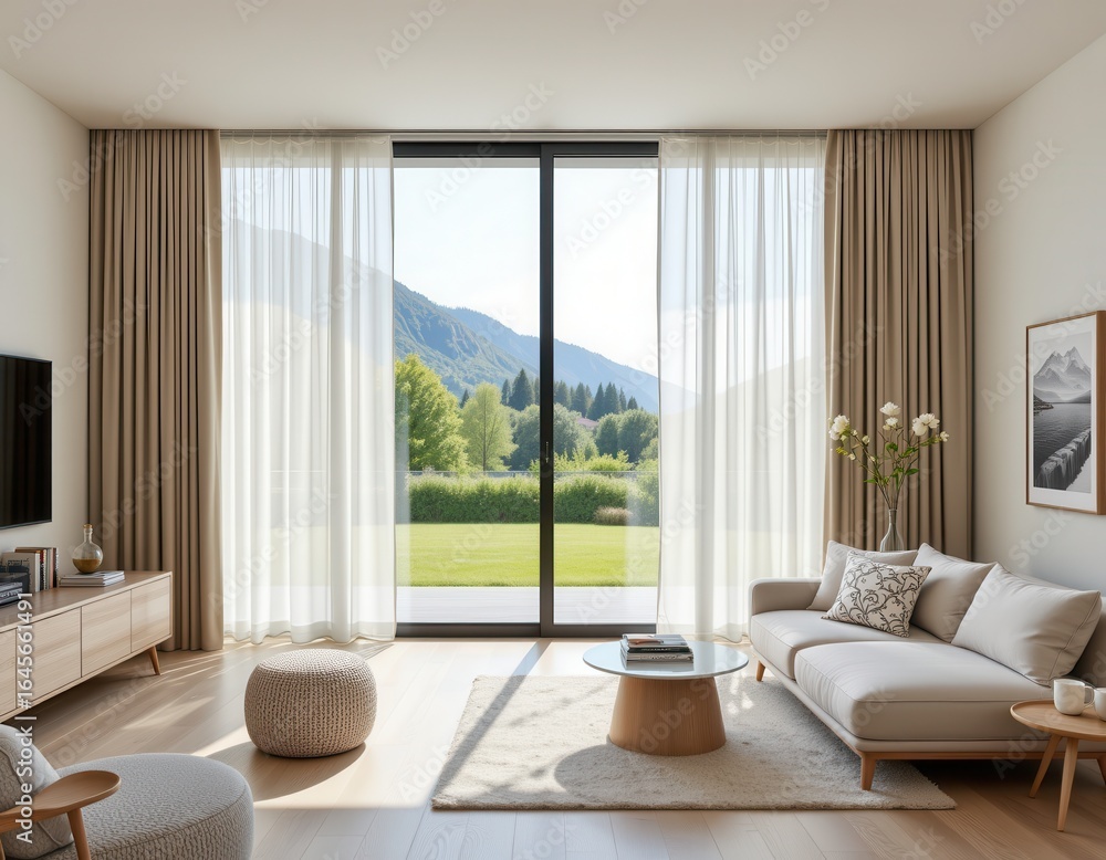 Fototapeta premium using wide panels of fabric in modern curtains creates a flat streamlined look that complements large windows and open spaces typical of contemporary minimalist interiors.