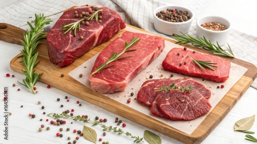 Four Raw Beef Steaks on Woo...