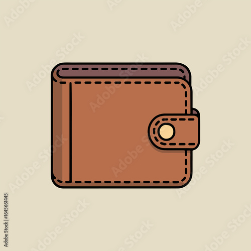 Illustration of a brown leather wallet with a button closure on a light beige background design style