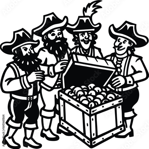 Pirate Crew Discovering A Treasure Chest Filled With Gold Coins And Jewels