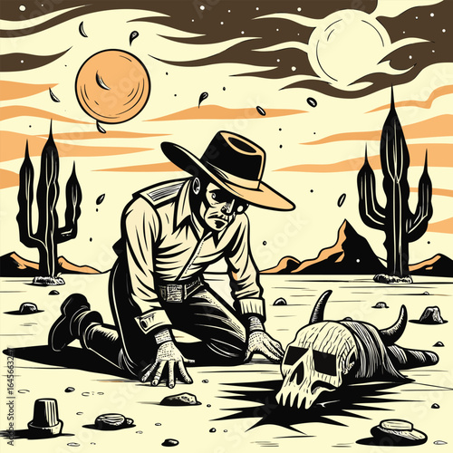 A lone cowboy inspects a bull skull in a desolate desert landscape