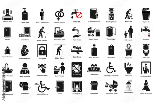 Black Solid Washroom Signs Icon Restroom, Toilet, Gents, Ladies, Disabled, No Smoking,Clean Toilet, Shower, Hand Wash