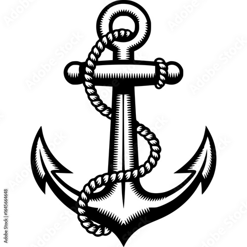 Anchor of Stability: A detailed illustration of a classic anchor, symbol of stability, security, and maritime strength, depicted with a rope in a vintage style. 