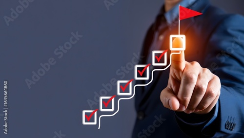Step by step progress and goal completion concept. businessman pointing at checklist. business strategy, career growth, achievement milestones, business planning, success and effective project manage