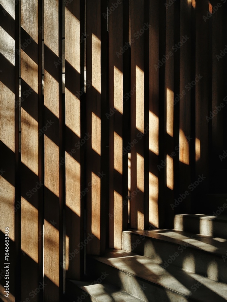 Fototapeta premium Sunlight filters through wooden slats onto stairs.