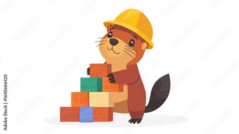Cartoon Beaver Builder Wearing Hardhat Stacking Colorful Wooden Blocks on White Background Cartoon Beaver Builder Wearing Hardhat Stacking Colorful Wooden Blocks on White Background