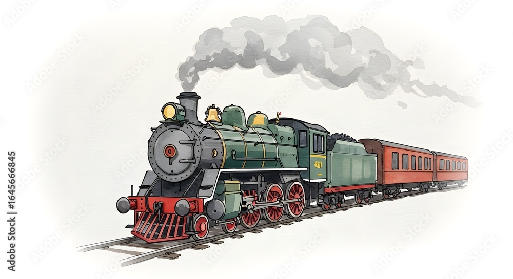 Obraz premium Vintage Steam Train Illustration with Passenger Cars