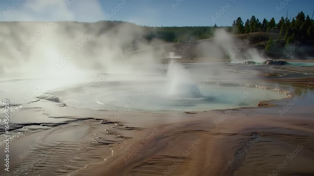 Geyser Erupting in a Geothermal Area, Nature Landscape, Vibrant Environment, Aerial View Geyser Erupting in a Geothermal Area, Nature Landscape, Vibrant Environment, Aerial View