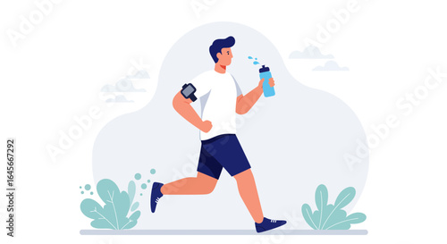 Active man running outdoors staying hydrated during fitness workout for health and wellness