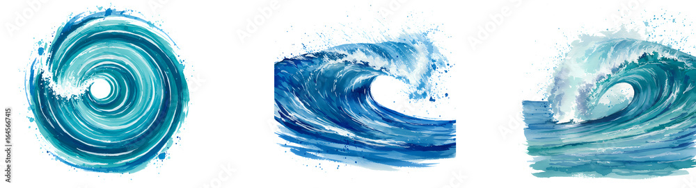 Fototapeta premium Three stylized water waves in various forms including a spiral and ocean waves on a plain setting on transparent background