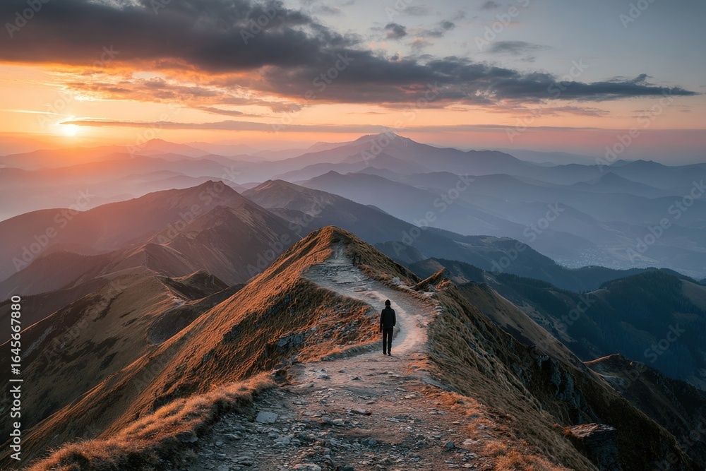 Naklejka premium Hiker walking along a mountain ridge at sunset with vibrant colors lighting the sky