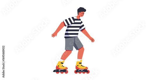Young man enjoys rollerblading outdoors, fun activity for leisure and summer sports