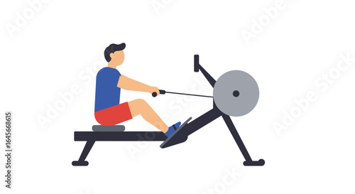 Man rowing on exercise machine, fitness workout illustration for gym and health concepts