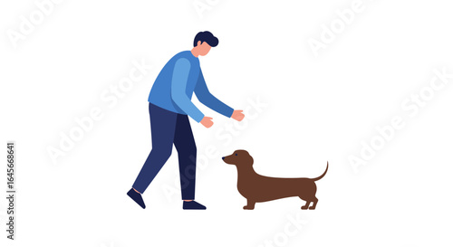 Man and Dachshund dog interacting, playful moment of connection, pet owner and companion animal