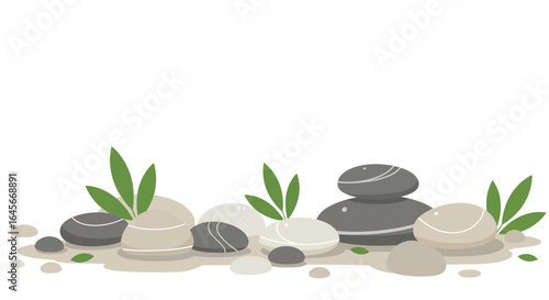 Zen garden scene with smooth stones and green leaves, promoting relaxation and balance