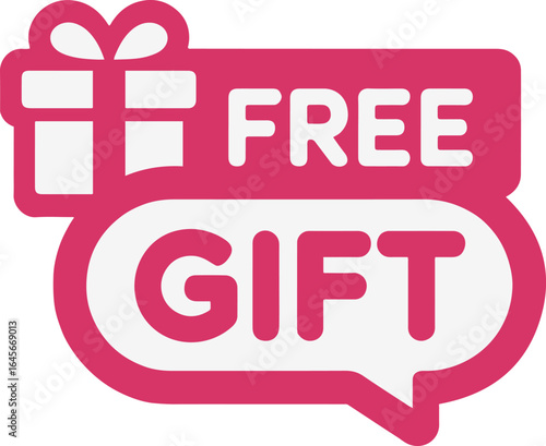 Illustration of a bright pink free gift icon with a gift box and speech bubble shape design element