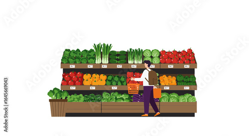 Shopper browsing fresh produce in a vibrant supermarket, selecting healthy choices for meals