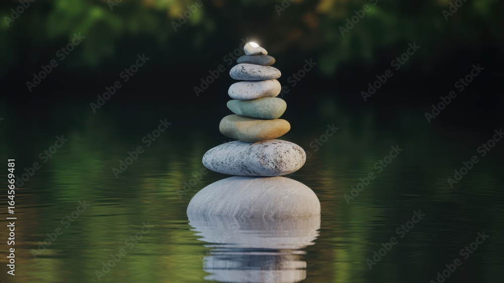 Obraz premium Stacked balanced stones in water with reflection rock