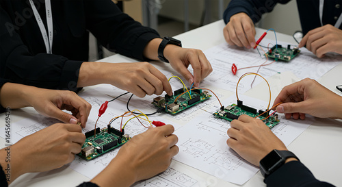 Hands-on electronics workshop, diverse group assembling circuit boards.