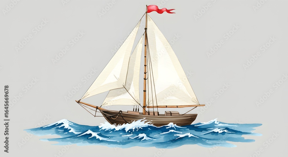 Fototapeta premium Watercolor Painting of a Classic Sailboat on the Ocean