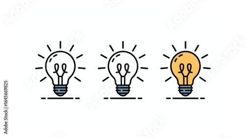 Three Light Bulbs with Varying Brightness: Concept of Idea, Innovation, and Solution, Depicted in a Flat Design with Clean Lines