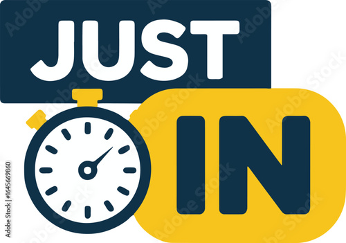 Just in text with a stopwatch showing time on a blue and yellow background in a graphic design