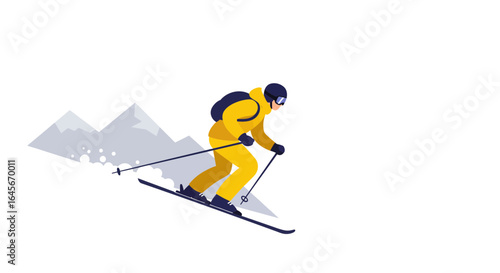 Stylish skier carving downhill on slopes with mountain views, enjoying winter sports adventure