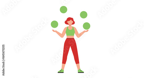 Woman juggler with red hair in sportswear performing with green balls, skillful coordination and balance