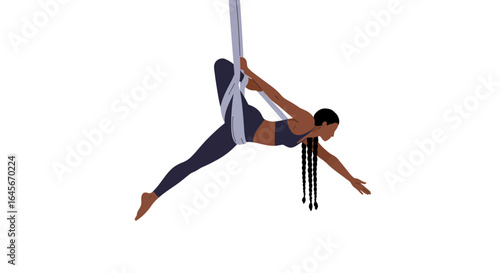Graceful aerial yoga performer in elegant pose demonstrating strength and flexibility for fitness and wellness