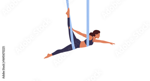 Elegant aerial yoga pose with focused woman, demonstrating fitness and wellness for a modern lifestyle brand